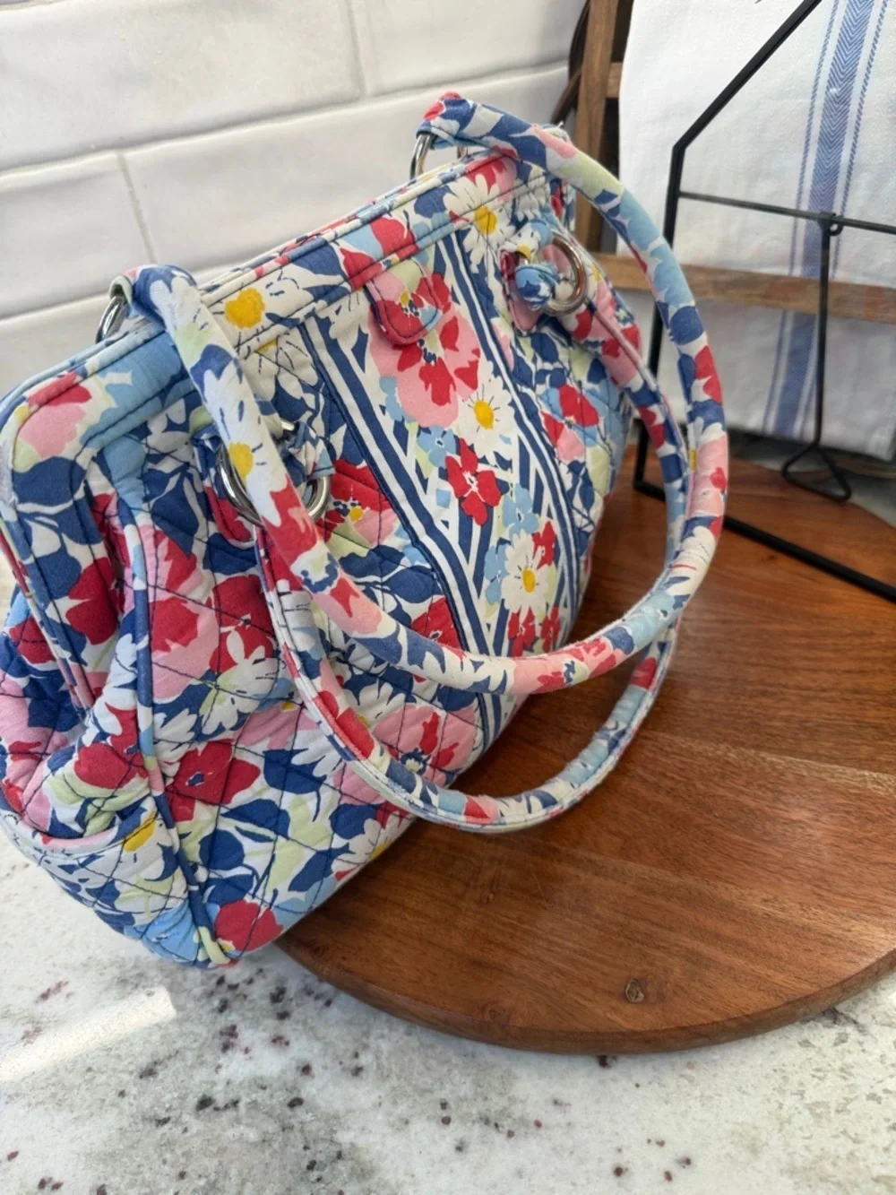 Vera Bradley Blue Floral Quilted Frame Bag with Pink & Red Accents